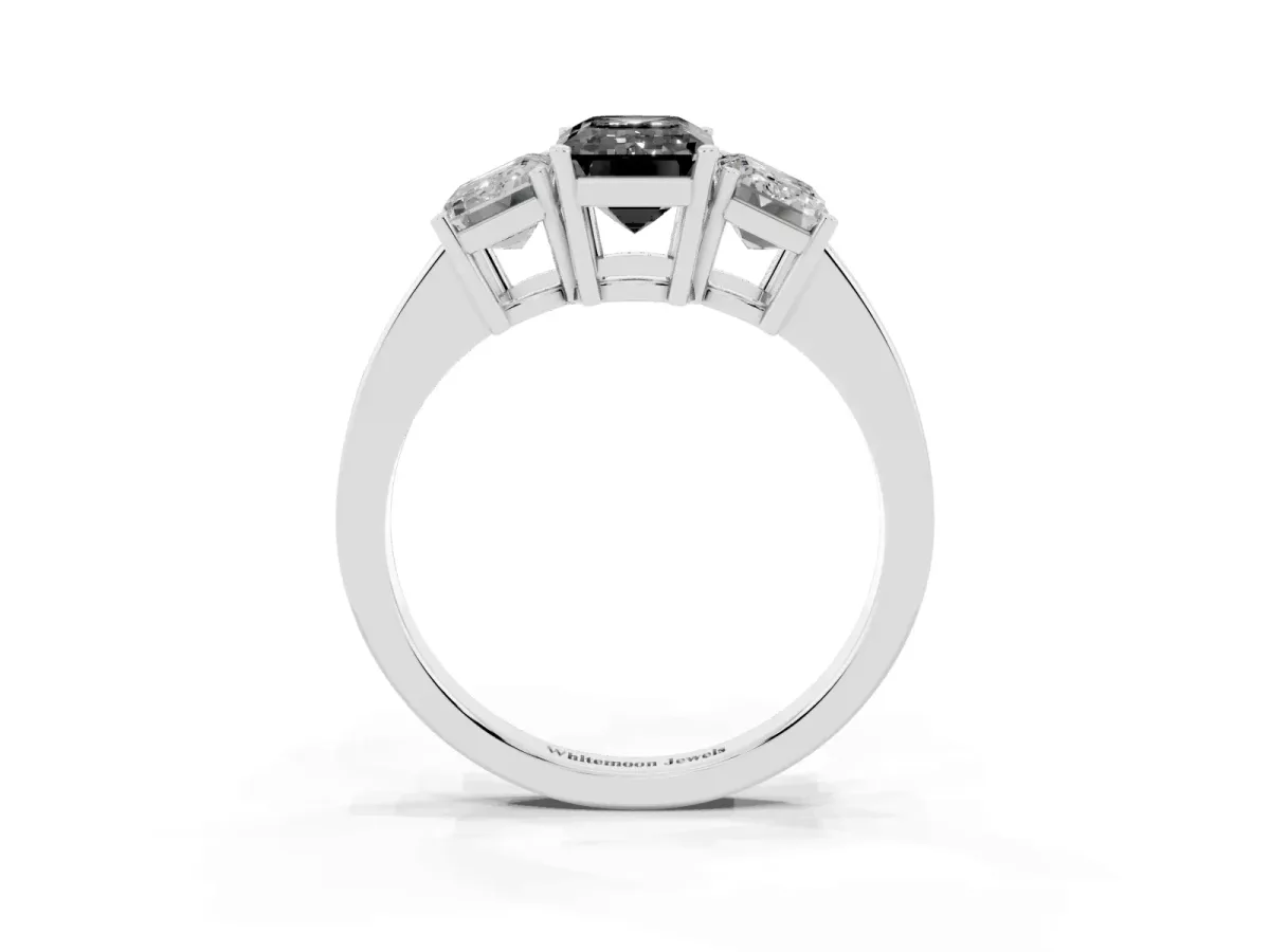 Fancy Black Three-Stone Emerald Cut Cut Diamond Engagement Ring with Flat Band and Four-Prong Setting Platinum