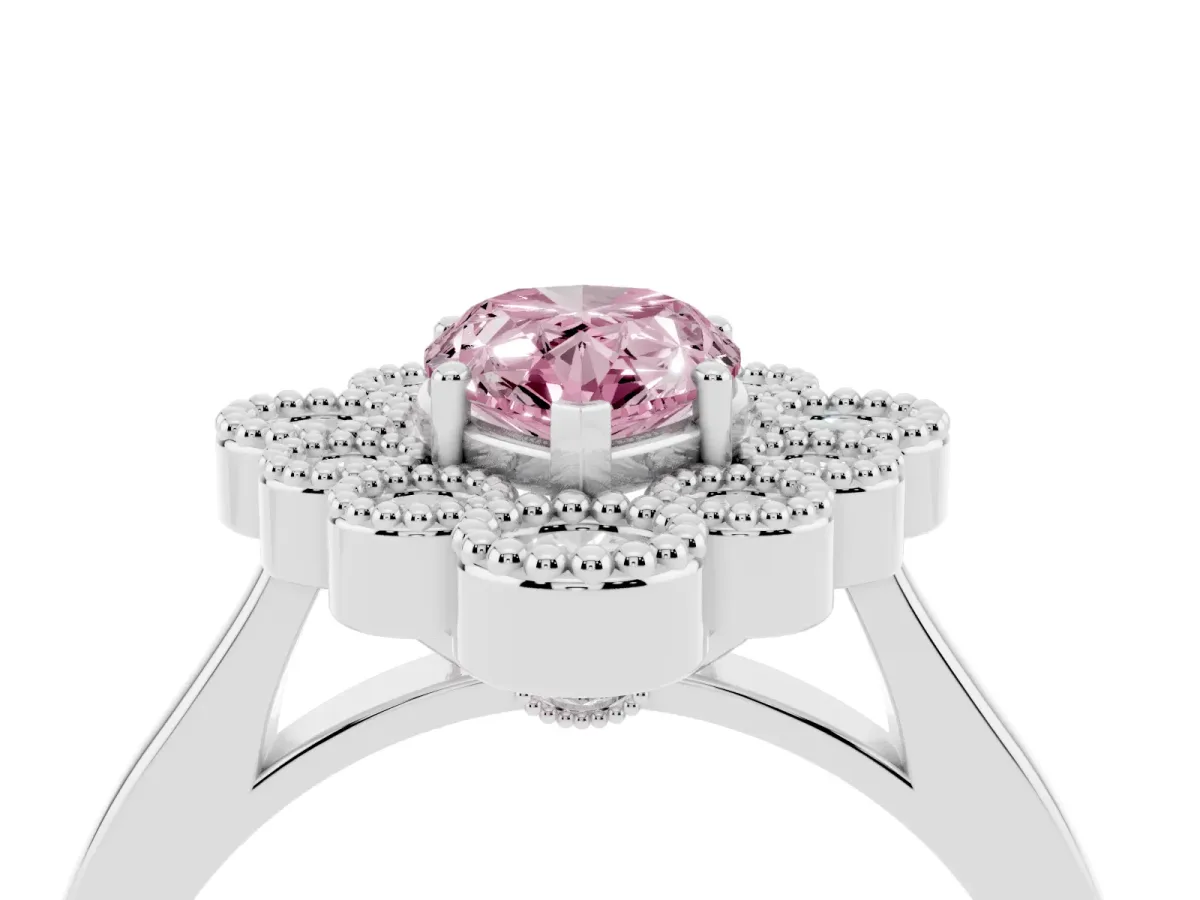 Fancy Pink Pear Cut Halo Diamond Cluster Engagement Ring with Milgrain Bezel Setting and Solitaire Band White gold