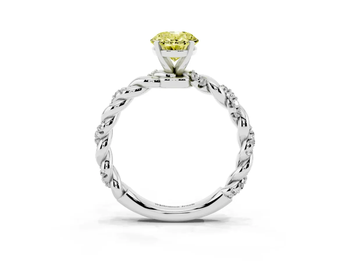 Fancy Yellow Oval Cut Diamond Solitaire Ring with Twisted Band and Pavé Accents White gold