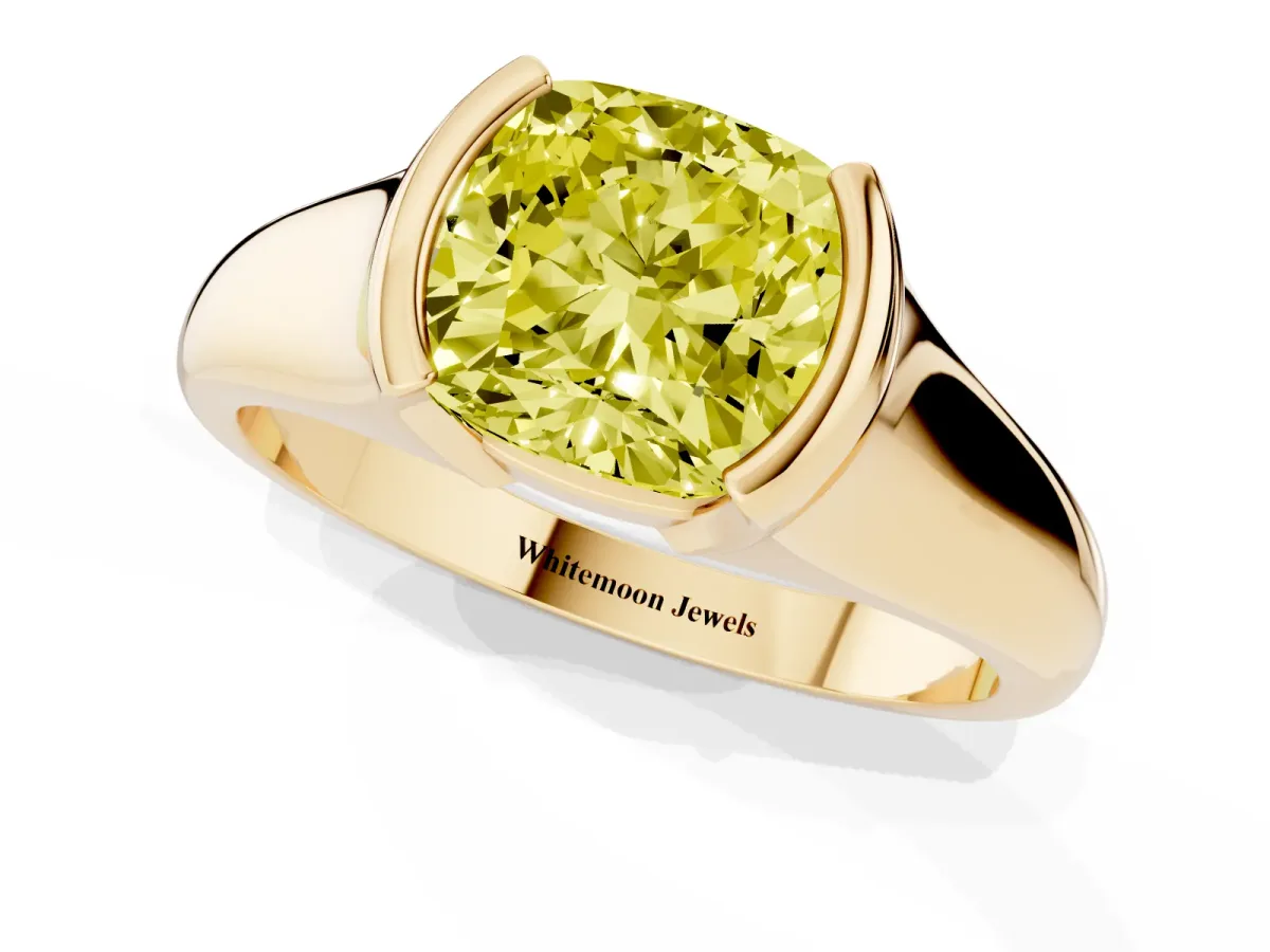 Fancy Yellow Cushion Cut Solitaire Tension Set Diamond Ring with Split Shank Band Yellow gold