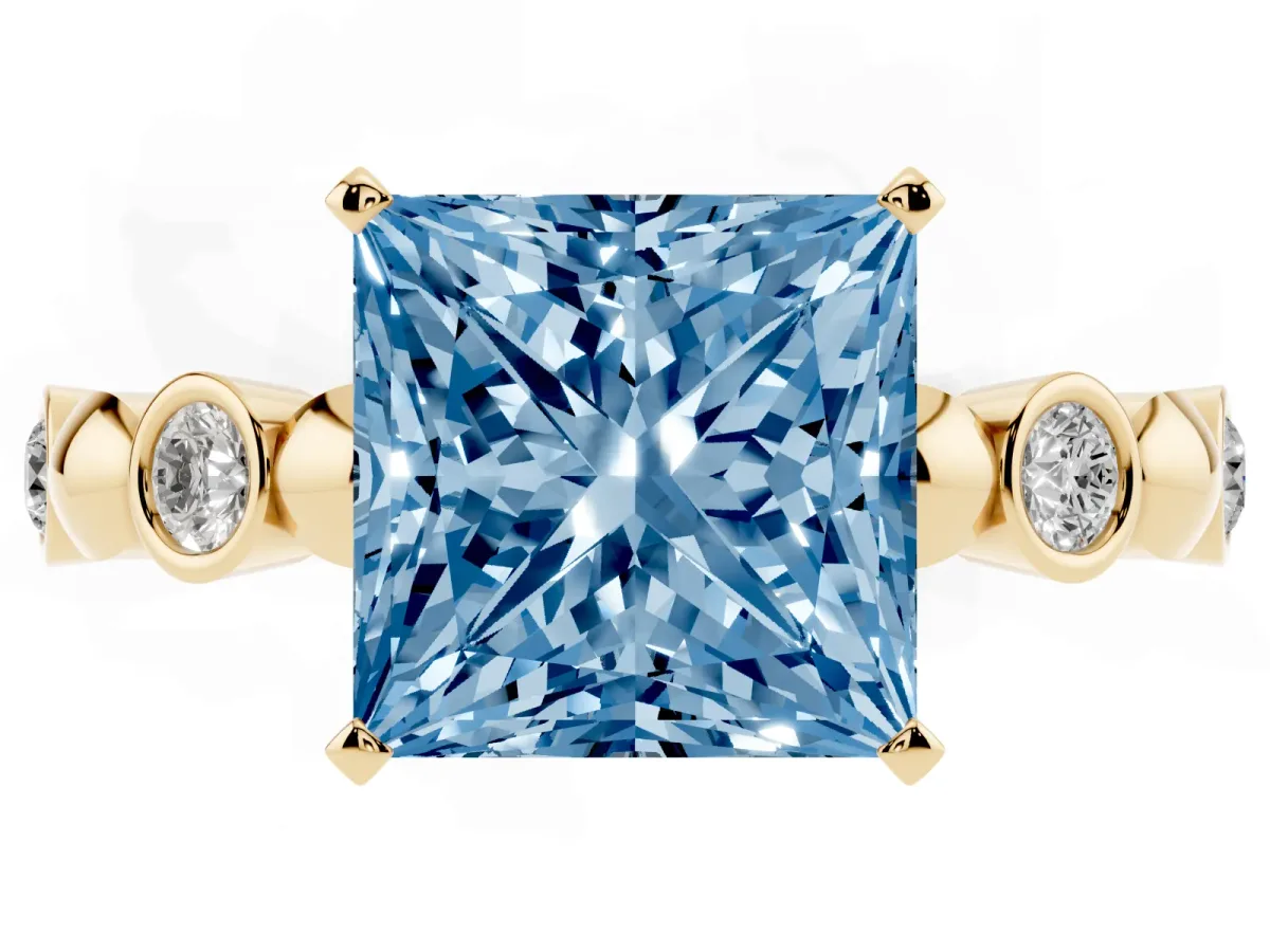 Fancy Blue Princess Cut Solitaire Bezel-Set Diamond Ring with Beaded Band and Four-Prong Setting Yellow gold