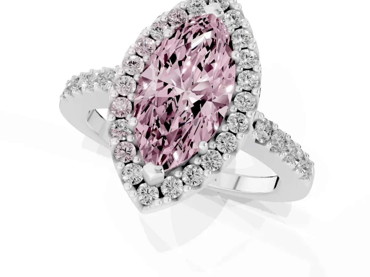 Fancy Pink Marquise Cut Halo Diamond Pavé Solitaire Ring Silver