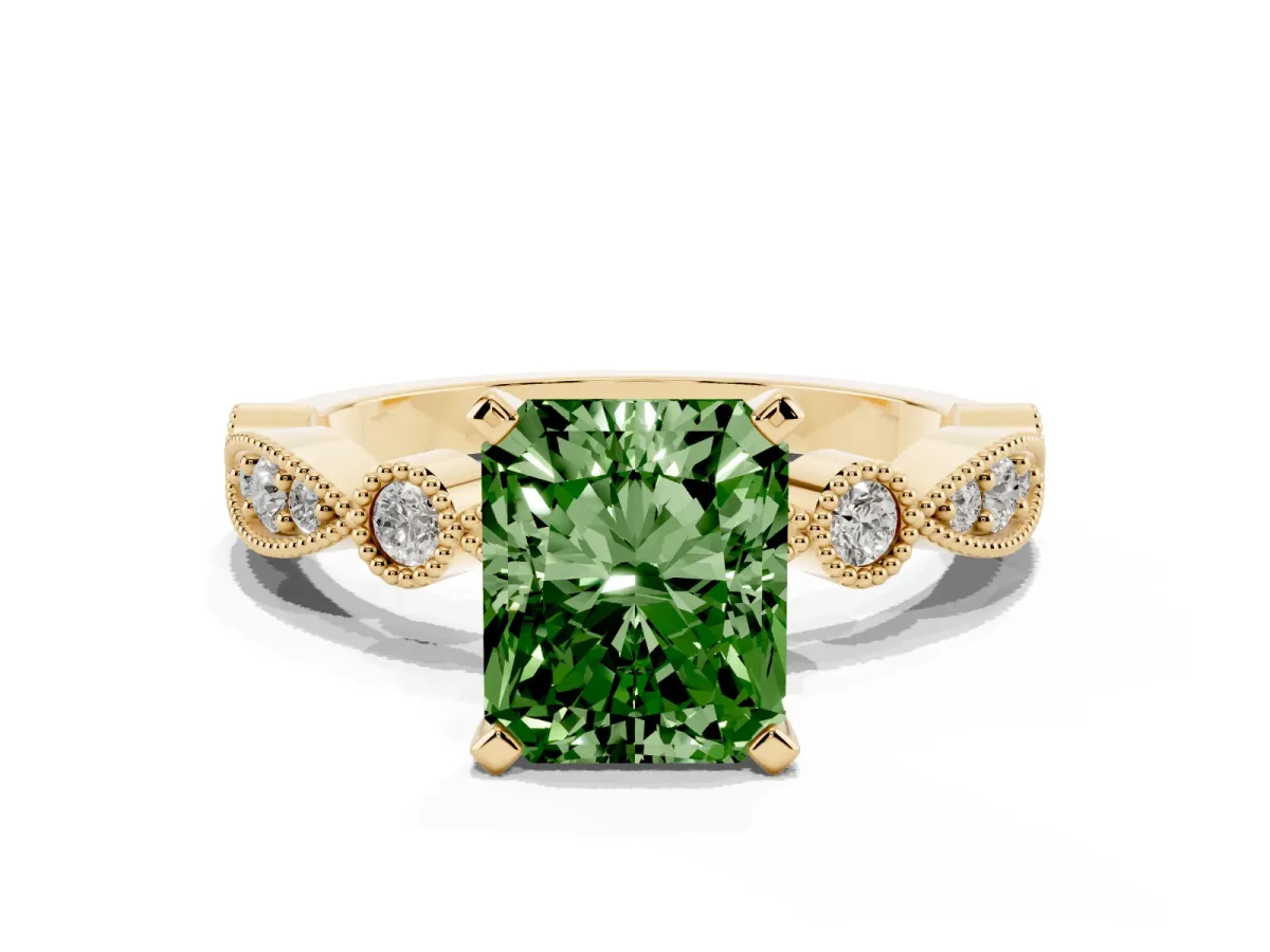 Fancy Green Radiant Cut Milgrain Bezel Diamond Engagement Ring with Solitaire Prong Setting Yellow gold