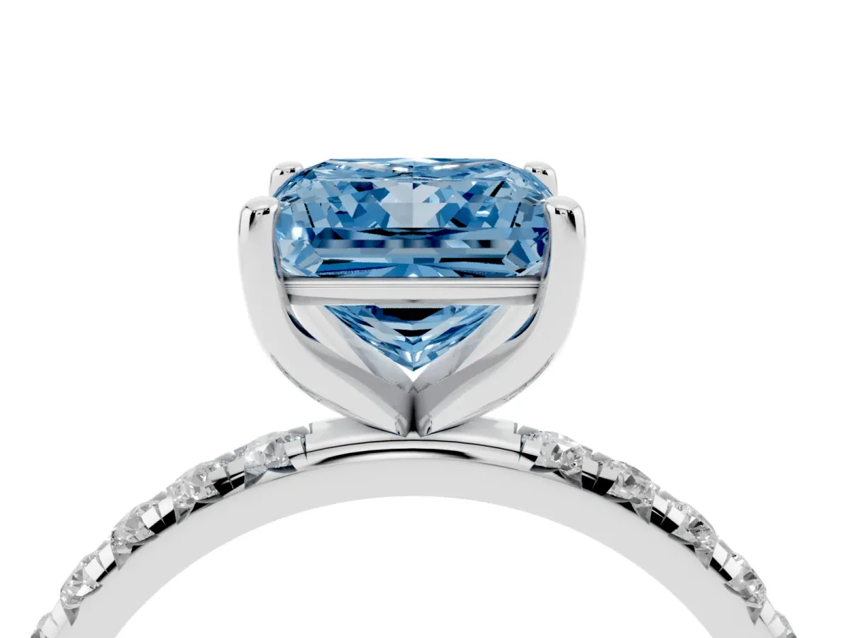 Fancy Blue Princess Cut Cut Diamond Solitaire Ring with Micro Pave Band and Four Prong Setting Silver