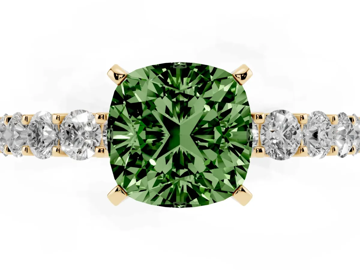 Fancy Green Cushion Cut Diamond Solitaire Ring with Shared Prong Pavé Band and Four-Prong Setting Yellow gold