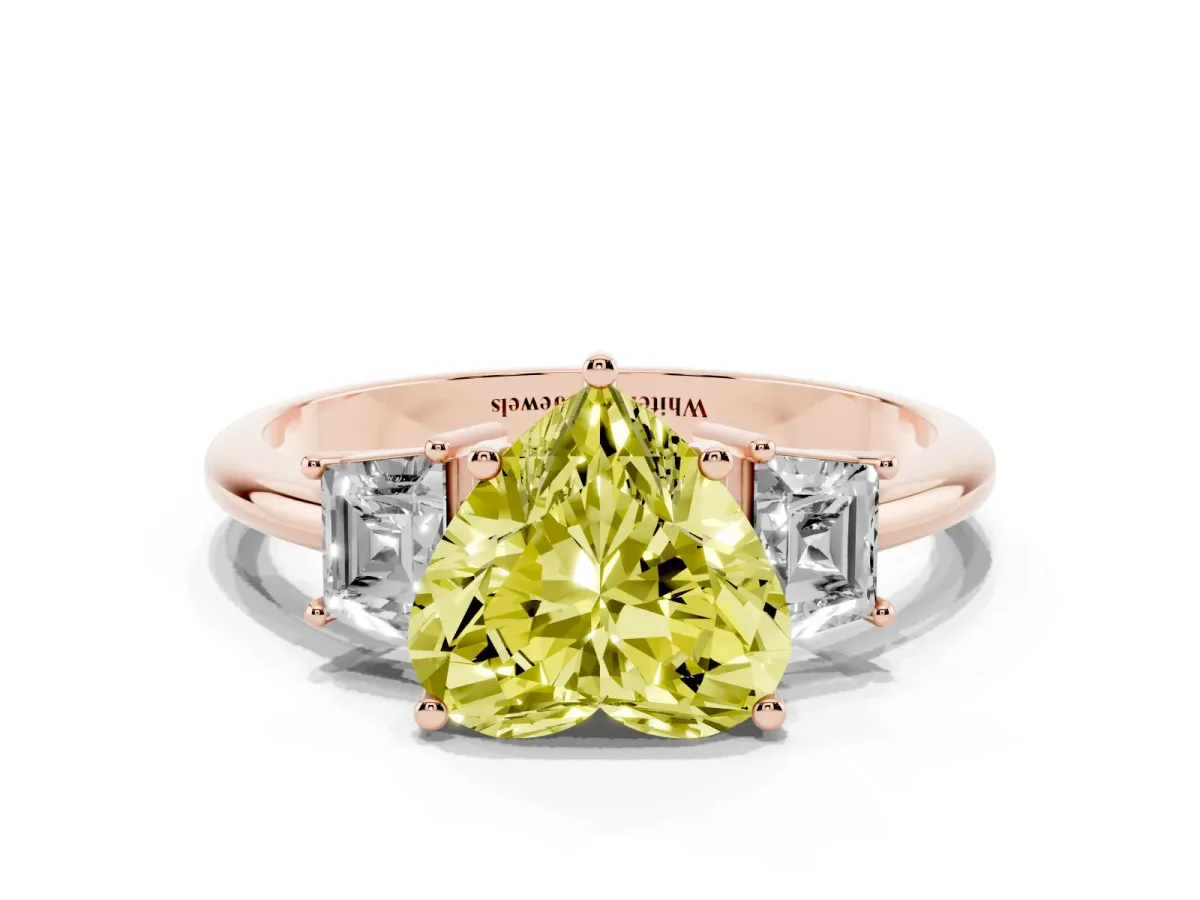 Fancy Yellow Heart Cut Diamond Three-Stone Ring with Trapezoid Side Stones and Prong Setting Rose gold