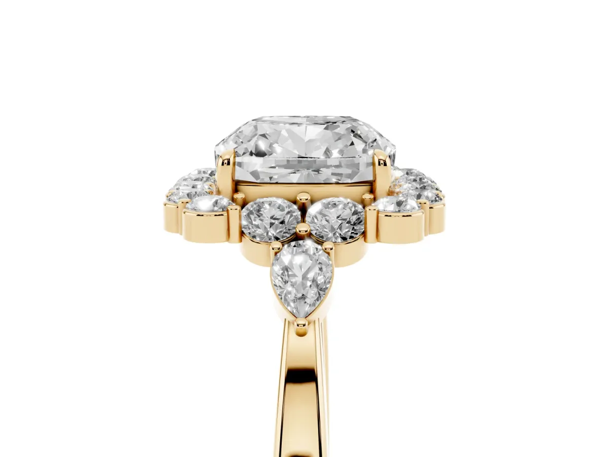 Cushion Cut Diamond Halo Ring with Pear Side Stones and Prong Setting Yellow gold