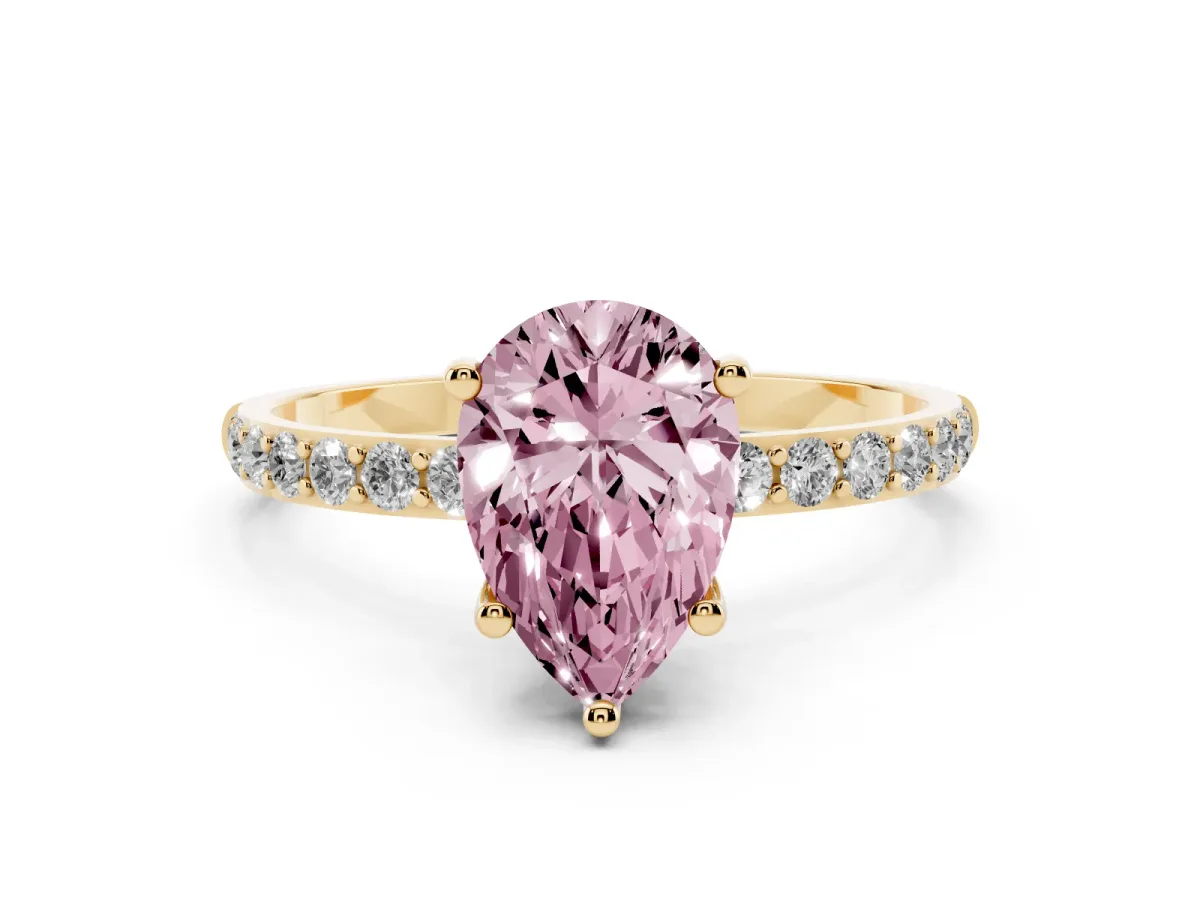 Fancy Pink Pear Cut Diamond Solitaire Ring with Round Pavé Shoulders and Prong Setting Yellow gold