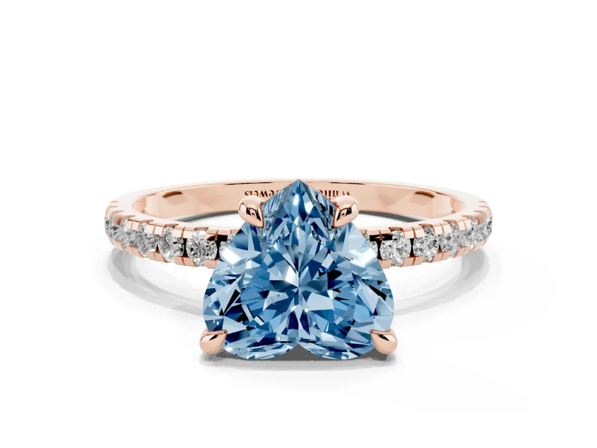 Fancy Blue Heart Cut Diamond Brilliant Solitaire Ring with Pavé Band and Four-Prong Setting Rose gold