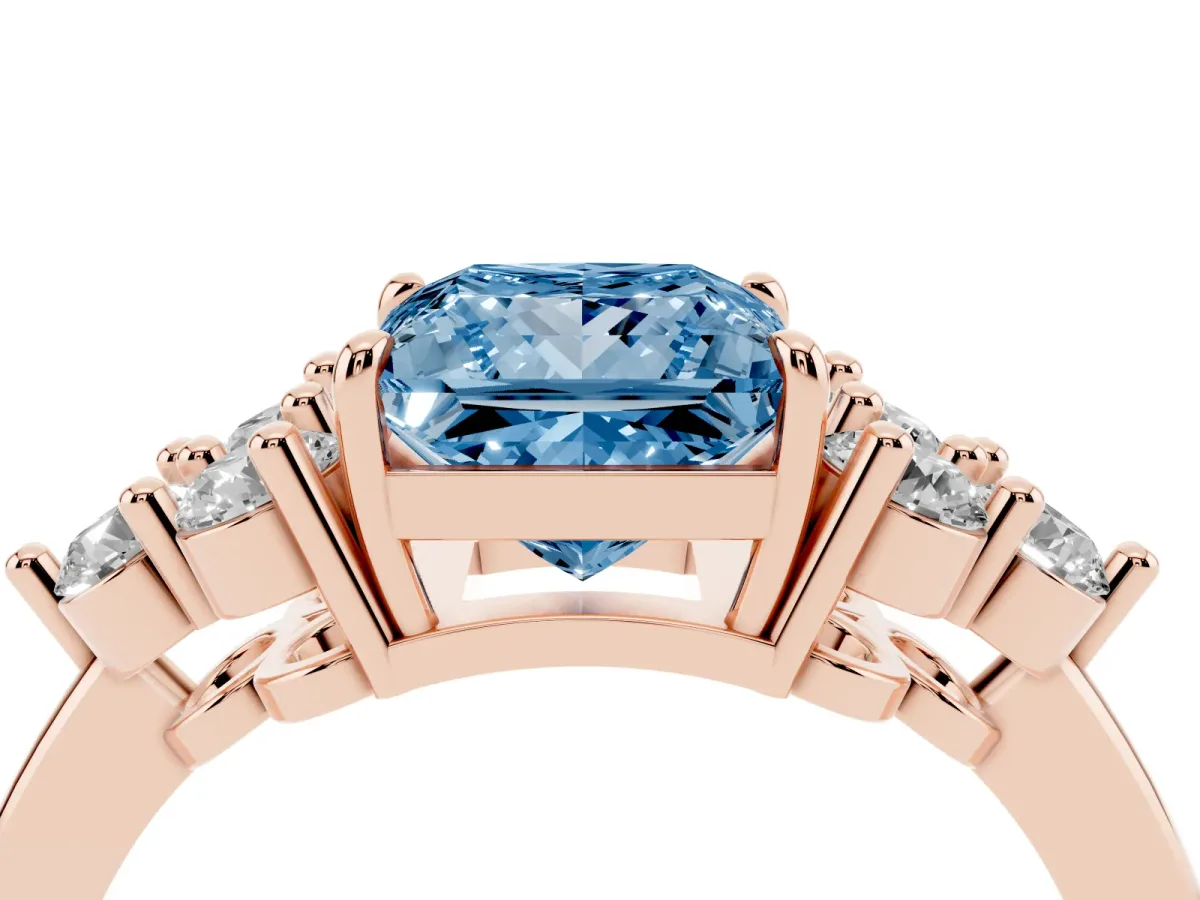Fancy Blue Princess Cut Brilliant Diamond Cluster Accent Solitaire Ring with Prong Setting Rose gold