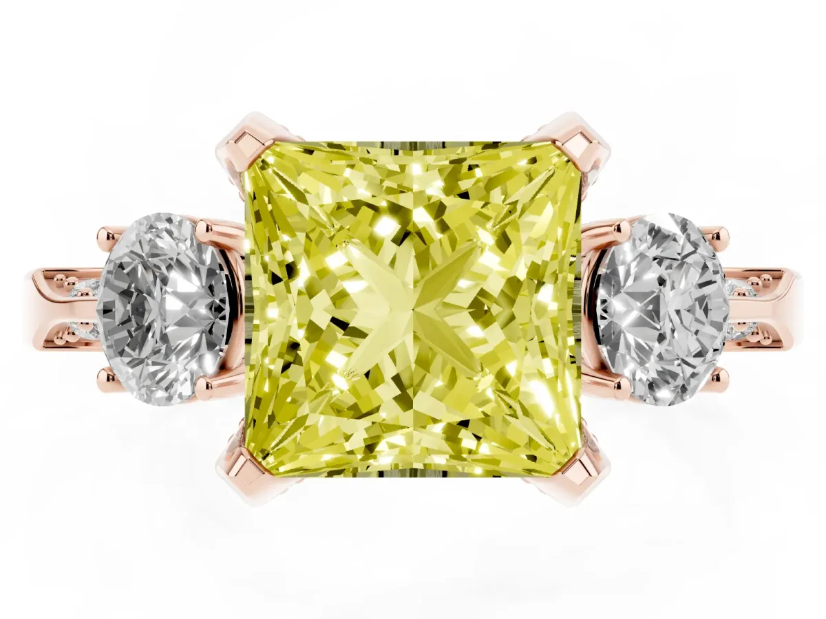Fancy Yellow Princess Cut Brilliant Three-Stone Diamond Ring with Pavé Band and Four-Prong Setting Rose gold
