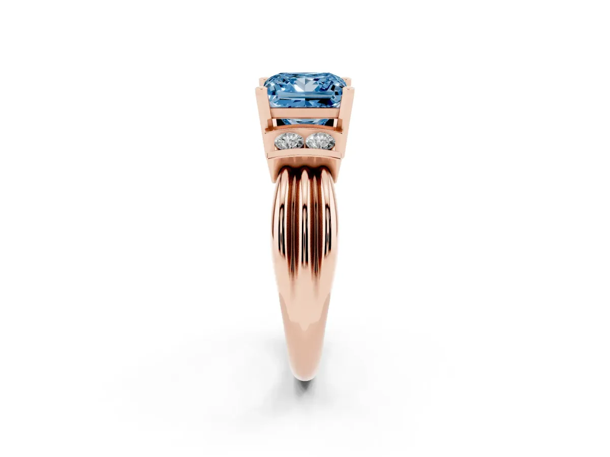 Fancy Blue Princess Cut Cut Three-Stone Channel Set Ring with Bar Prongs Rose gold