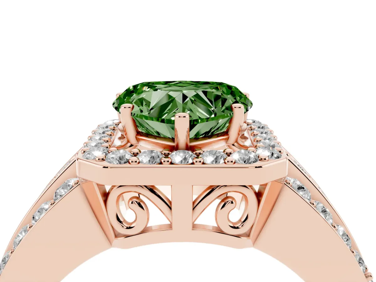 Fancy Green Heart Cut Halo Diamond Ring with Round Split Shank and Prong Setting Rose gold
