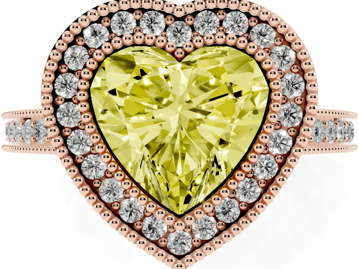 Fancy Yellow Heart Cut Cut Halo Diamond Ring with Pavé Band and Milgrain Prong Setting Rose gold