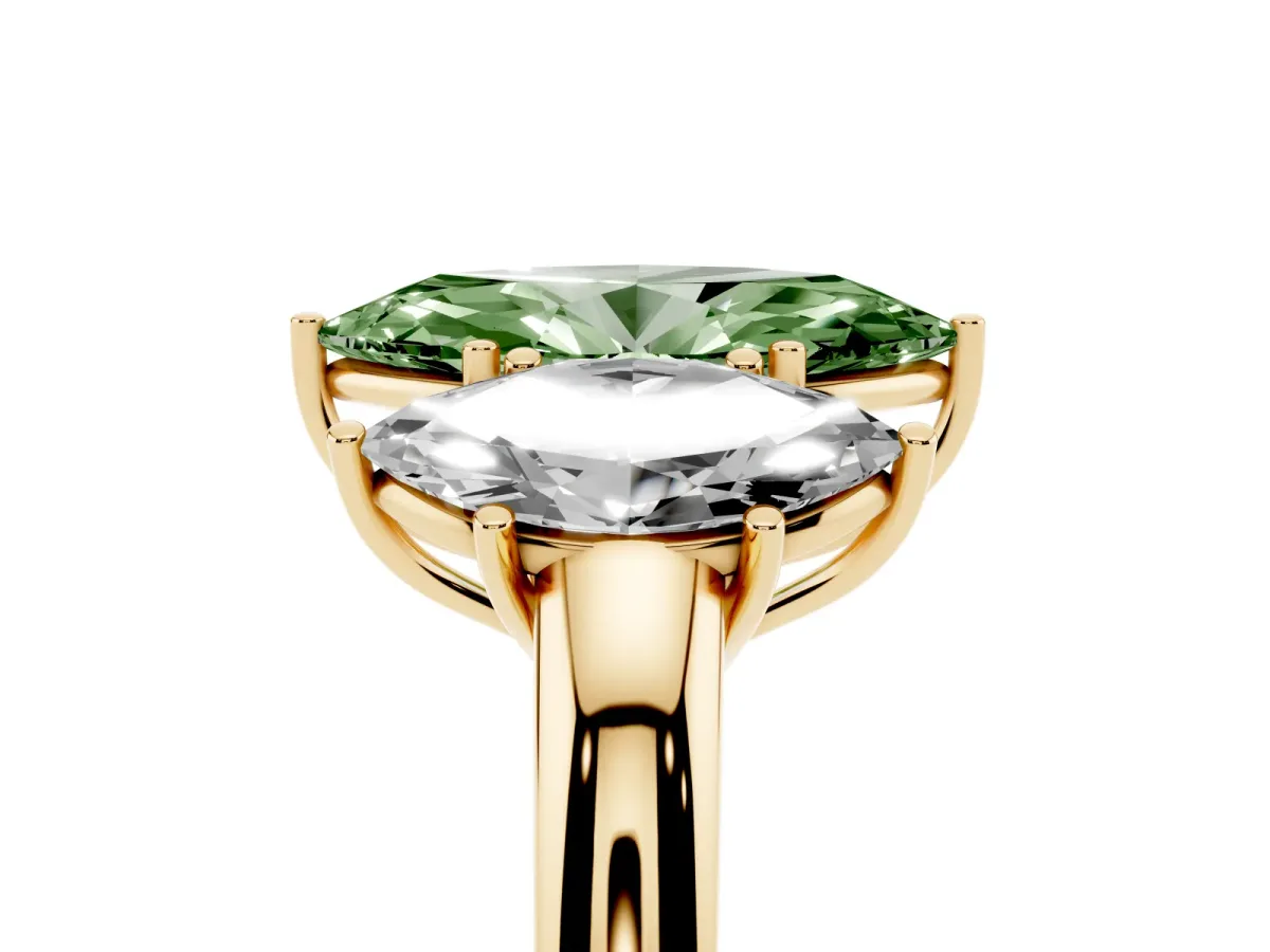 Fancy Green Marquise Cut Diamond Three-Stone Ring with Four-Prong Setting and Classic Band Yellow gold