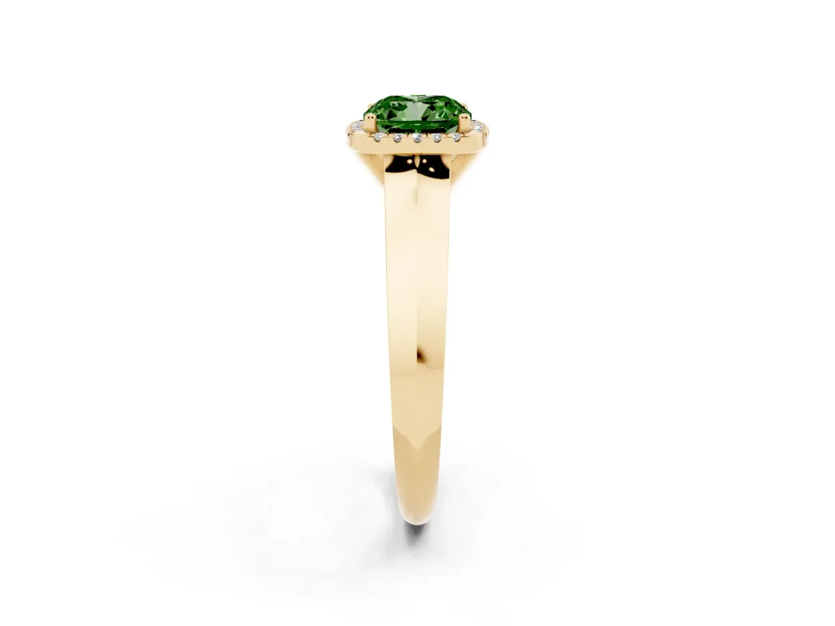 Fancy Green Cushion Cut Halo Diamond Ring with Cathedral Band and Four-Prong Setting Yellow gold