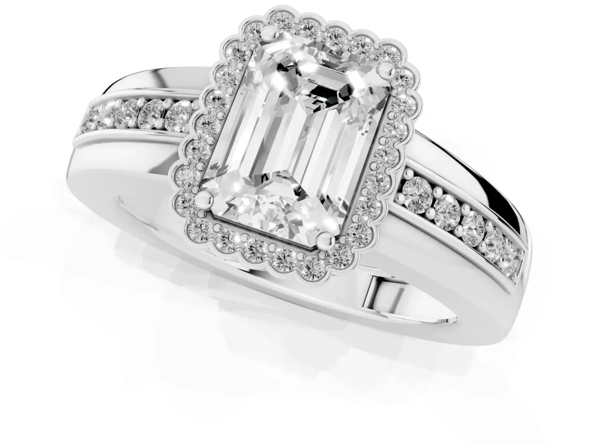 Emerald Cut Cut Halo Pave Band Four-Prong Ring Silver