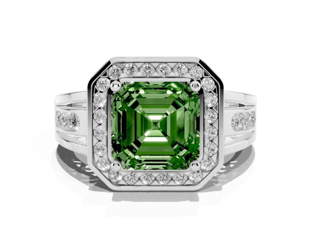 Fancy Green Asscher Cut Diamond Halo Ring with Split Shank and Bezel Accents and Prong Setting Silver