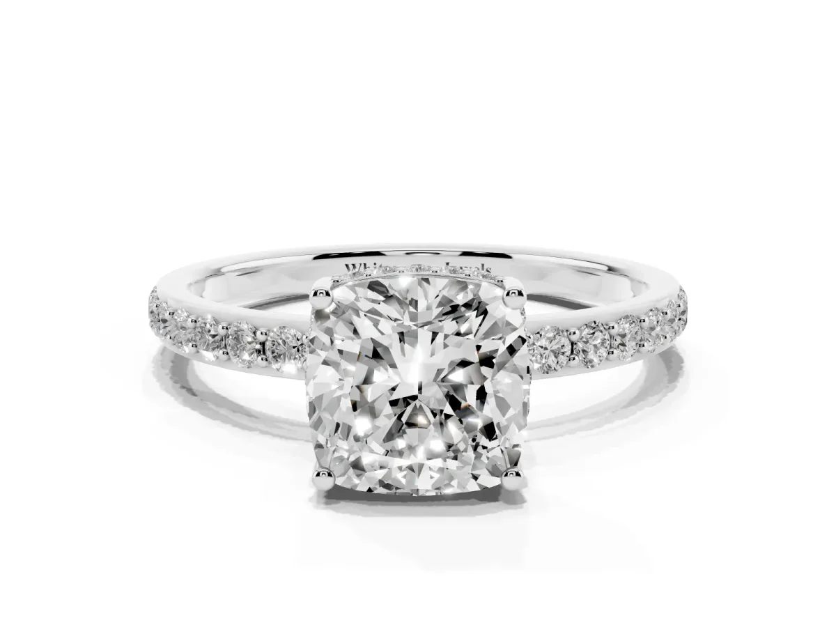 Cushion Cut Diamond Solitaire Ring with Pavé Band and Hidden Halo Silver