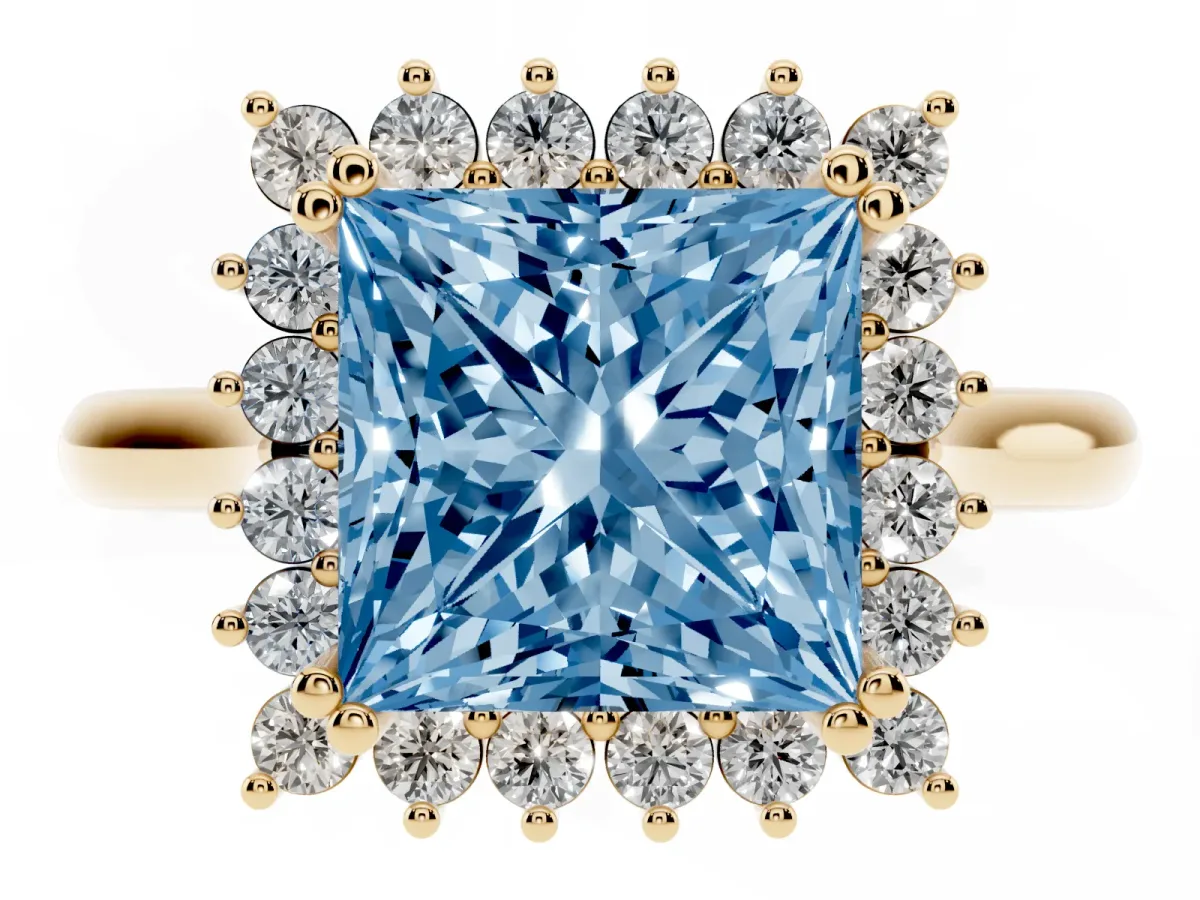 Fancy Blue Princess Cut Cut Diamond Halo Ring with Solitaire Band and Prong Setting Yellow gold