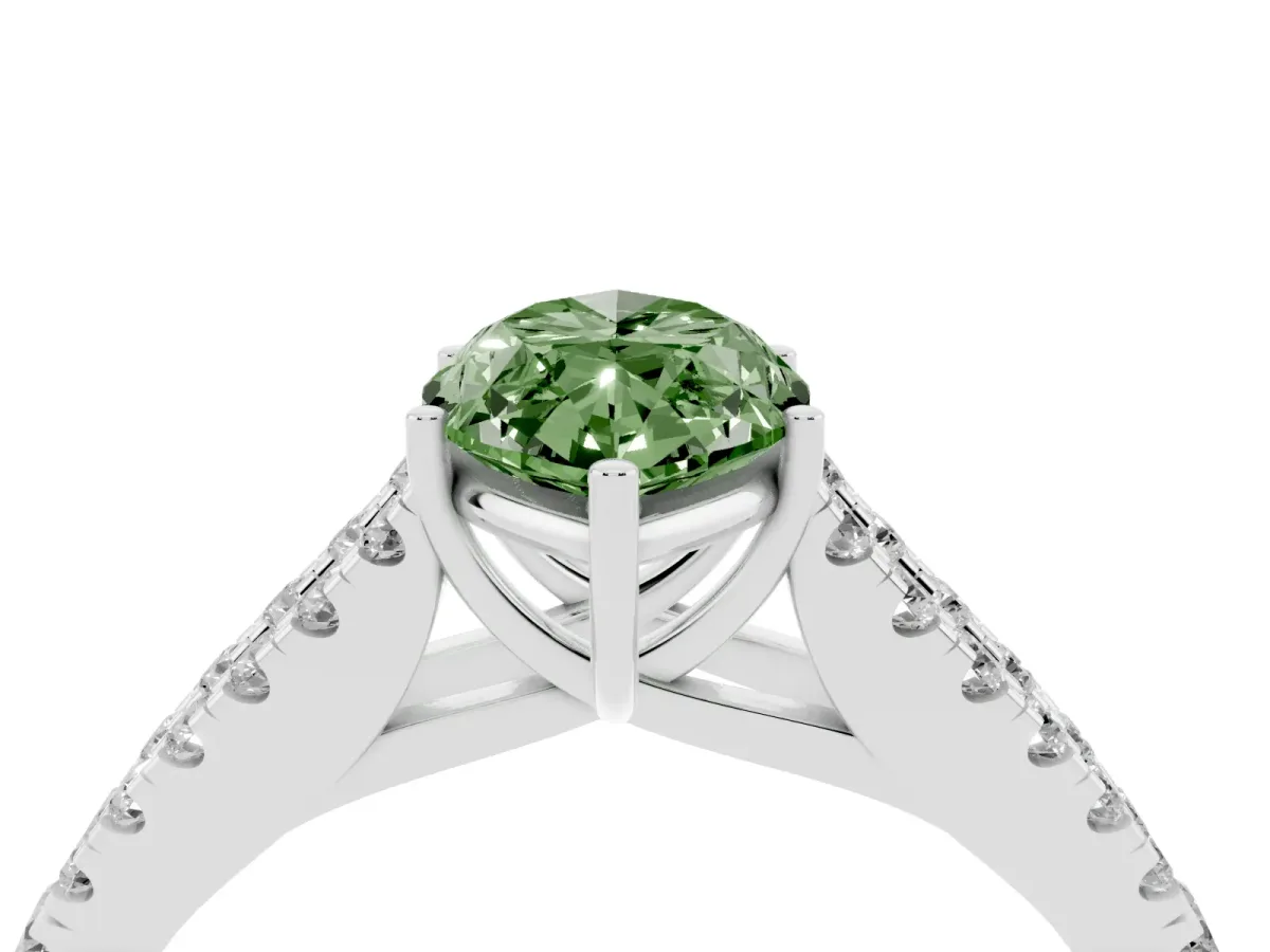 Fancy Green Marquise Cut Diamond Split Shank Engagement Ring with Round Pavé and Prong Setting Silver