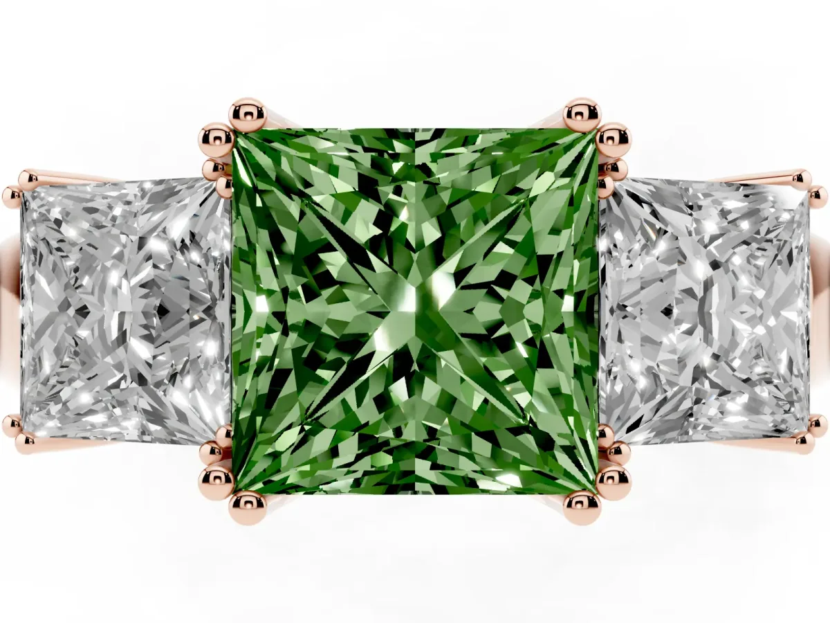 Fancy Green Three-Stone Princess Cut Cut Diamond Ring with Channel Set Band and Four-Prong Setting Rose gold