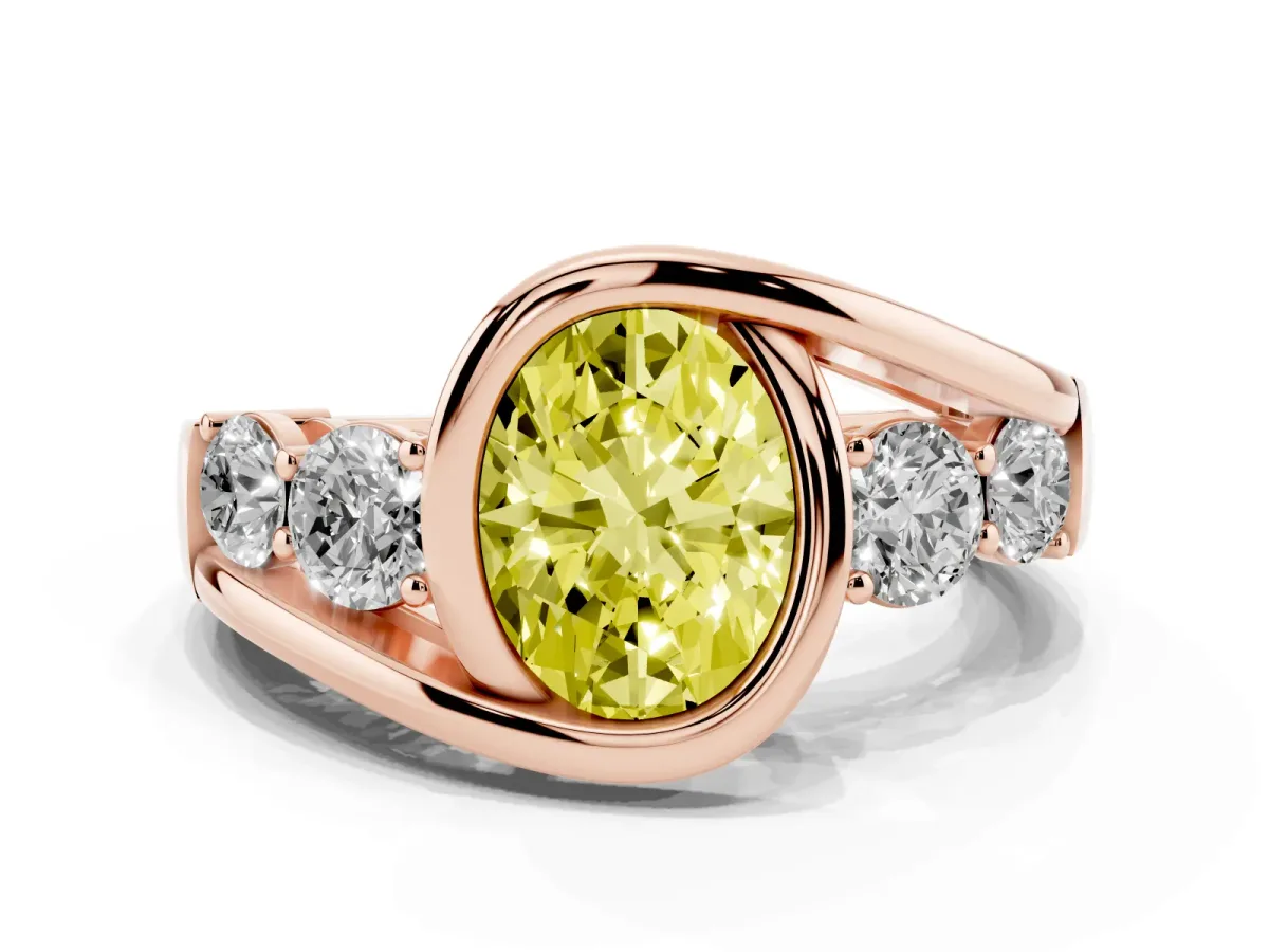Fancy Yellow Bezel Set Oval Cut Diamond Bypass Ring with Round Accents Rose gold