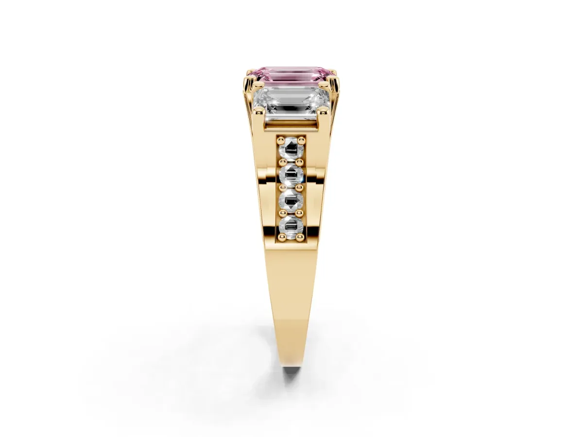 Fancy Pink Emerald Cut Diamond Three-Stone Ring with Channel Set Band and Four-Prong Setting Yellow gold