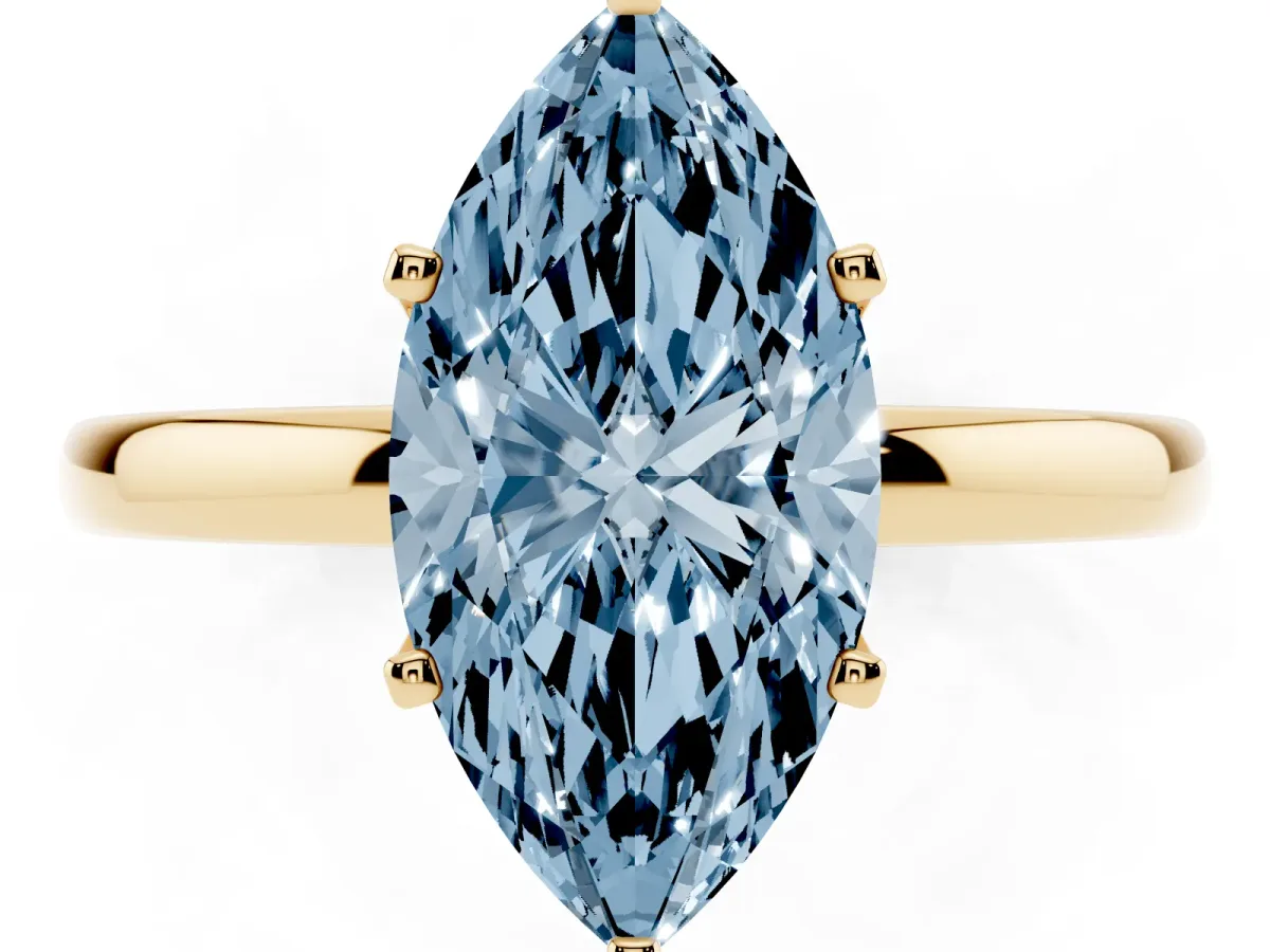 Fancy Blue Marquise Cut Solitaire Diamond Ring with Six-Prong Setting on a Classic Band Yellow gold