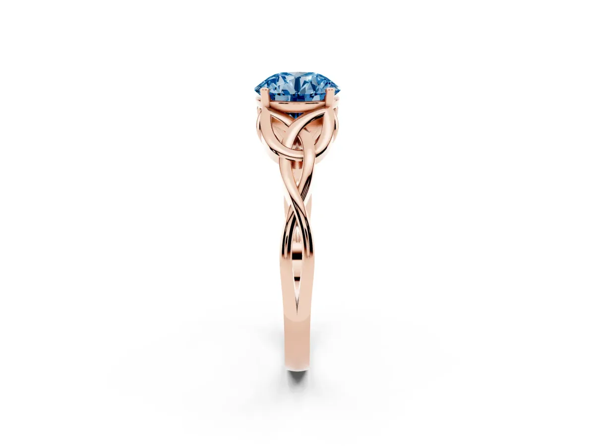 Fancy Blue Round Cut Diamond Solitaire Engagement Ring with Celtic Knot Band and Four-Prong Setting Rose gold