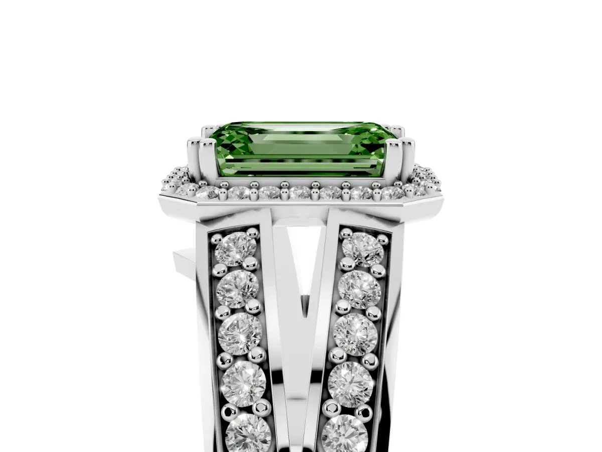 Fancy Green Emerald Cut Diamond Halo Ring with Split Shank Pavé Band and Four-Prong Setting White gold