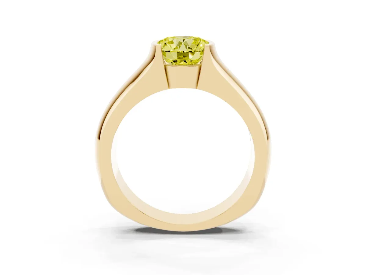 Fancy Yellow Round Cut Solitaire Bezel Set Diamond Ring with Wide Band Yellow gold