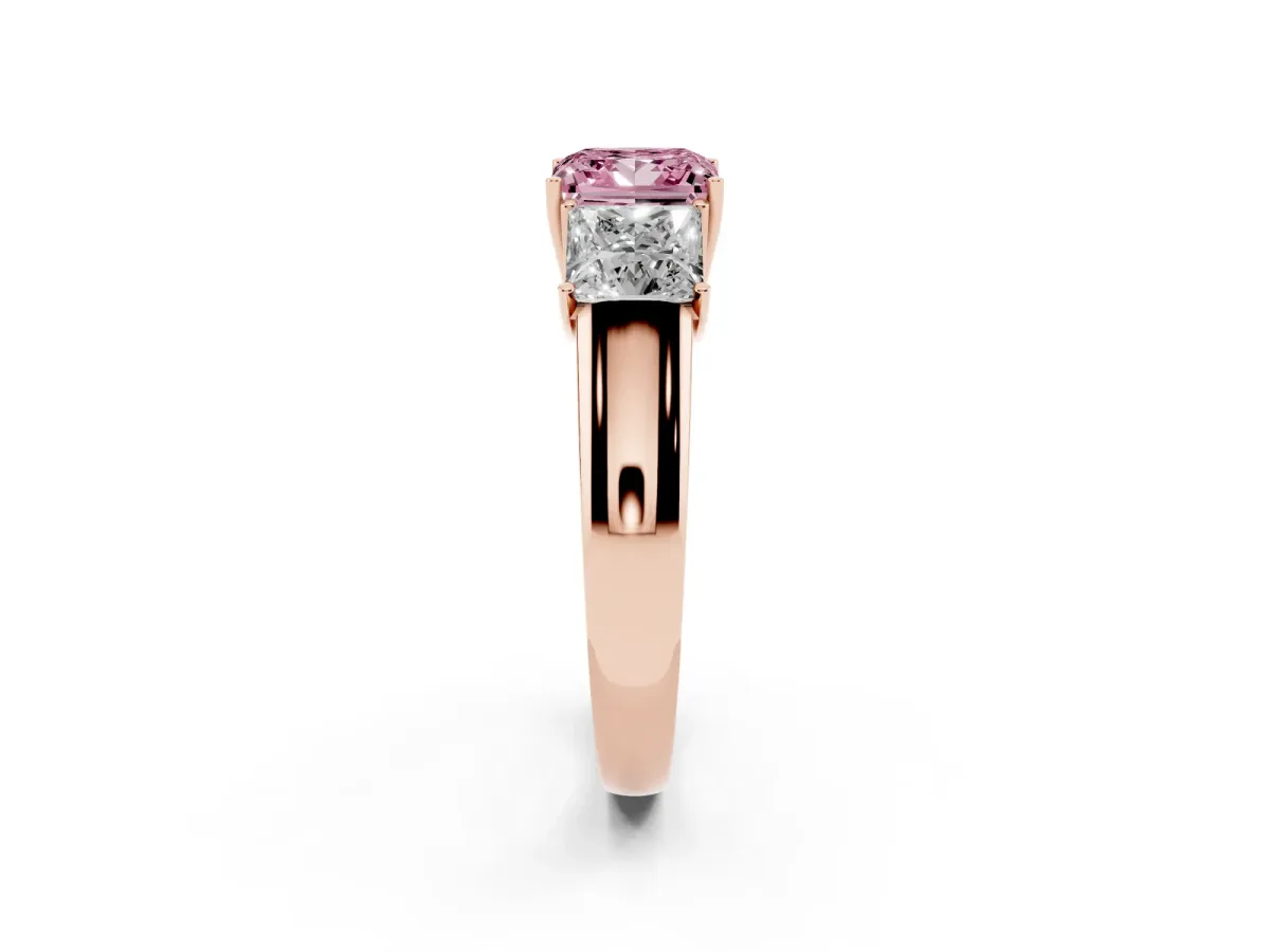 Fancy Pink Three-Stone Princess Cut Cut Diamond Ring with Prong Setting and Classic Band Rose gold