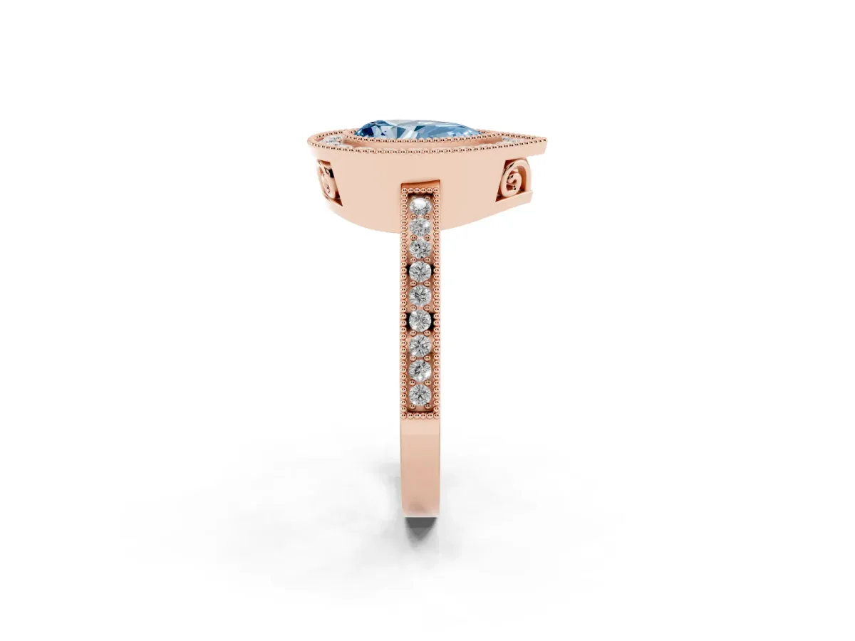 Fancy Blue Pear Cut Cut Halo Diamond Ring with Pavé Band and Milgrain Prong Setting Rose gold