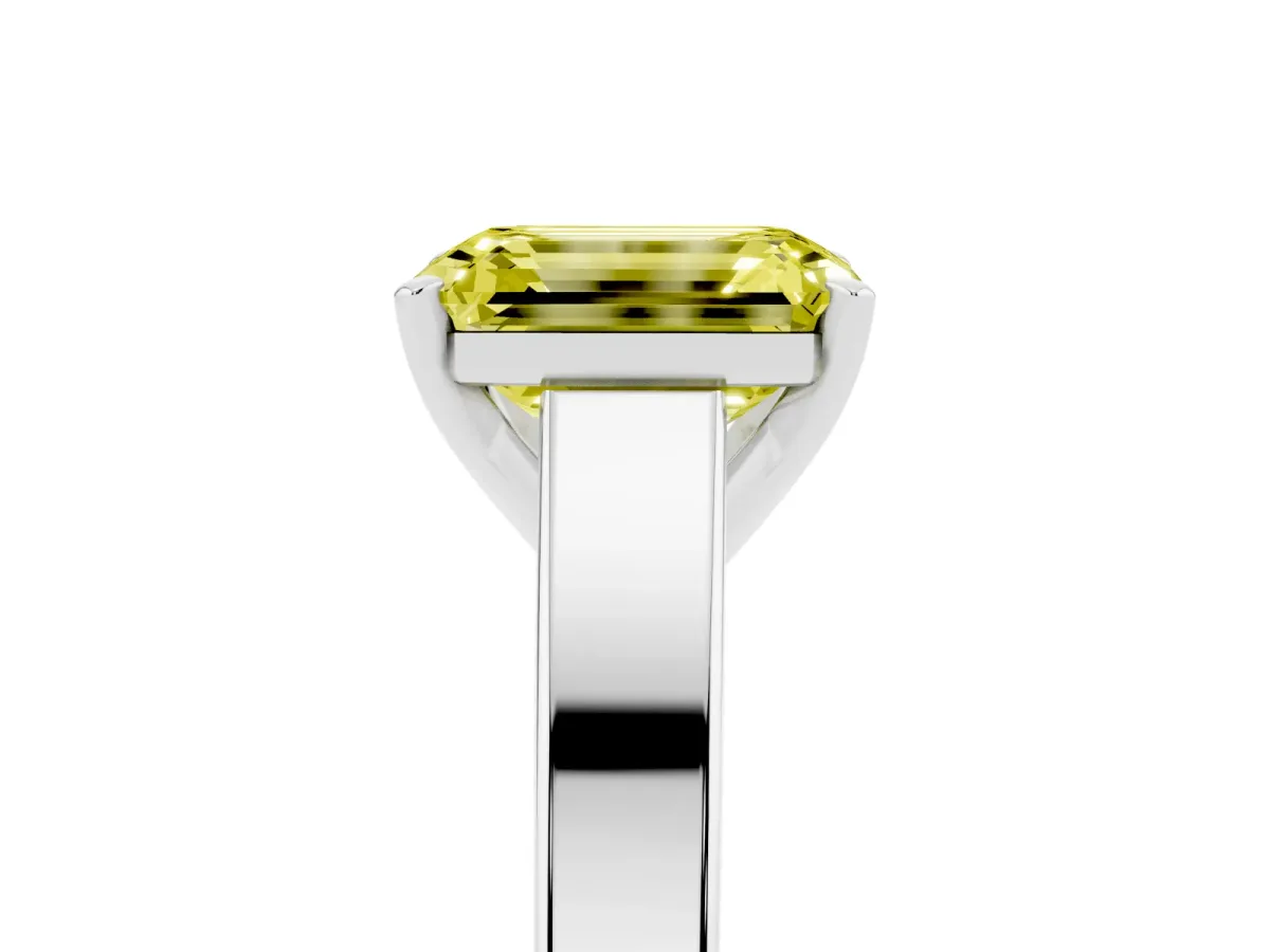 Fancy Yellow Emerald Cut Solitaire Engagement Ring with Four-Prong Setting and Tapered Band Silver