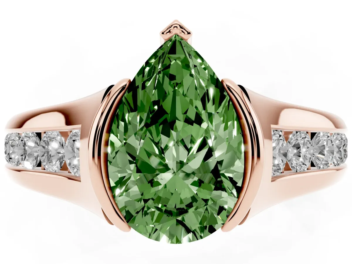 Fancy Green Pear Cut Solitaire Bezel-Set Diamond Ring with Channel-Set Band Rose gold