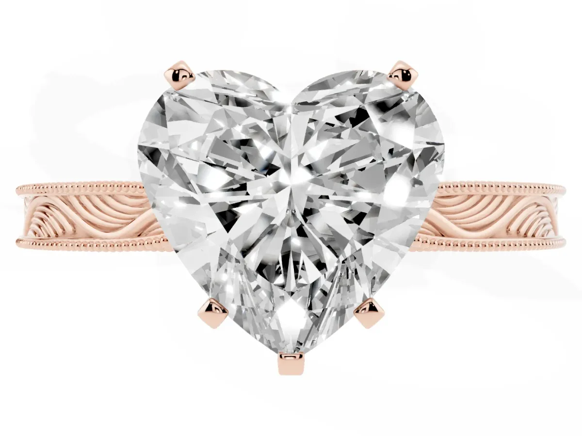 Heart Cut Solitaire Milgrain Engraved Band with Four-Prong Setting Rose gold