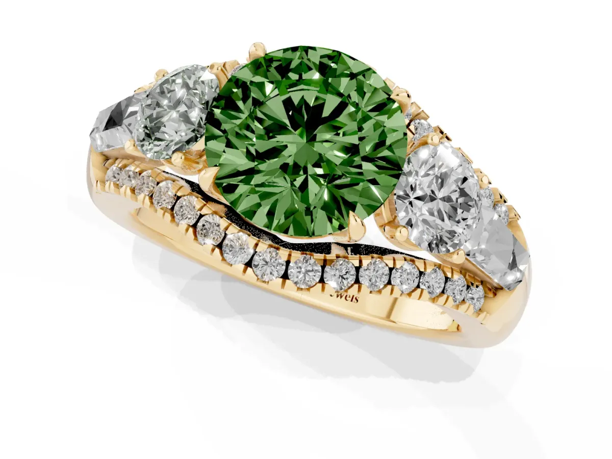 Fancy Green Three-Stone Round Cut Diamond Engagement Ring with Pave Band and Prong Setting Yellow gold