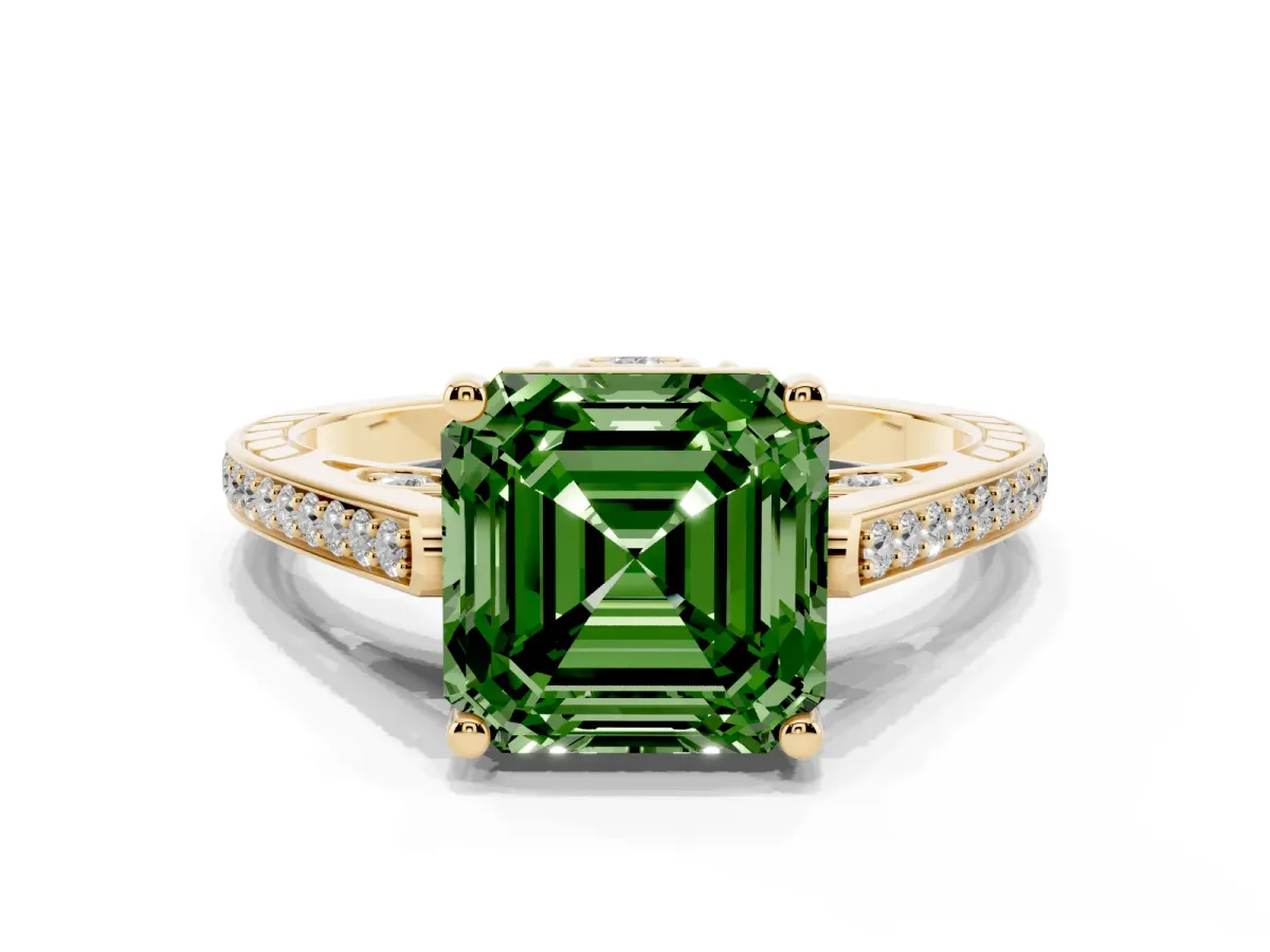 Fancy Green Asscher Cut Cut Cathedral Pave Diamond Engagement Ring with Six-Prong Setting Yellow gold