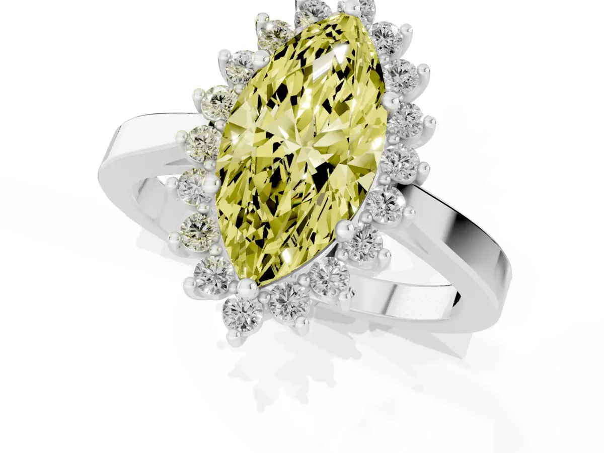 Fancy Yellow Marquise Cut Cut Diamond Halo Ring with Round Brilliant Halo and Solitaire Band Platinum