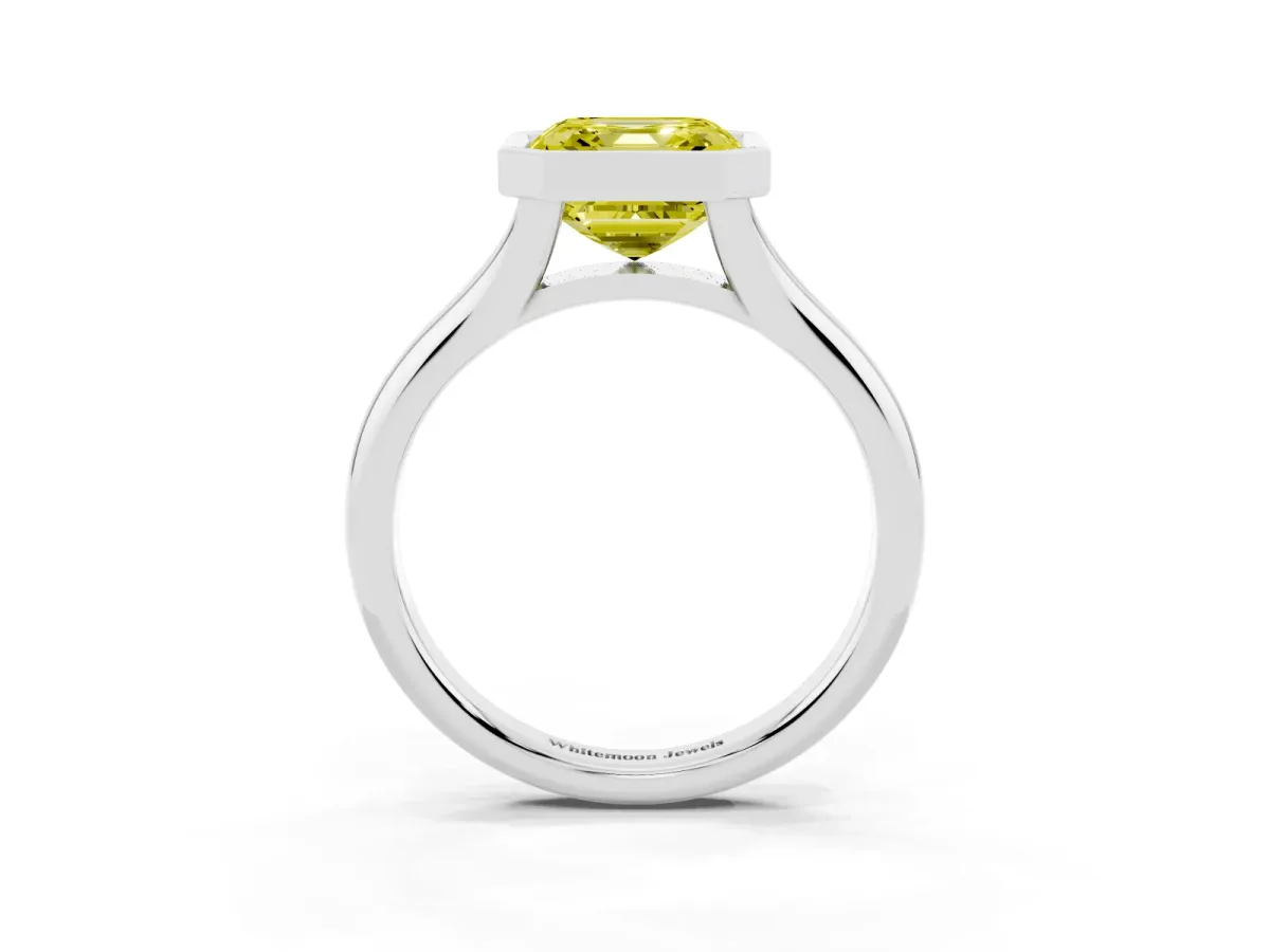 Fancy Yellow Bezel Set Asscher Cut Solitaire Diamond Ring with Smooth Band Silver