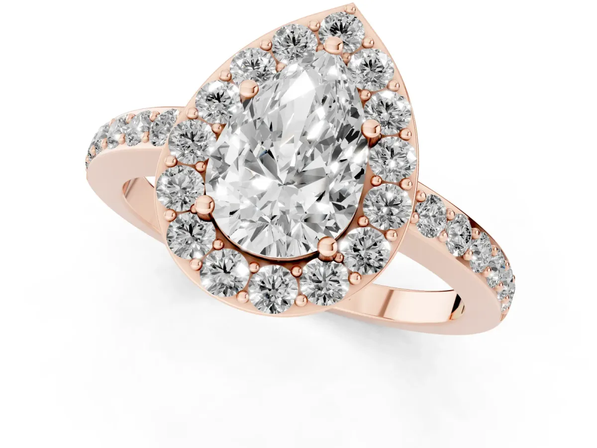 Pear Cut Halo Diamond Pavé Band Ring with Prong Setting Rose gold