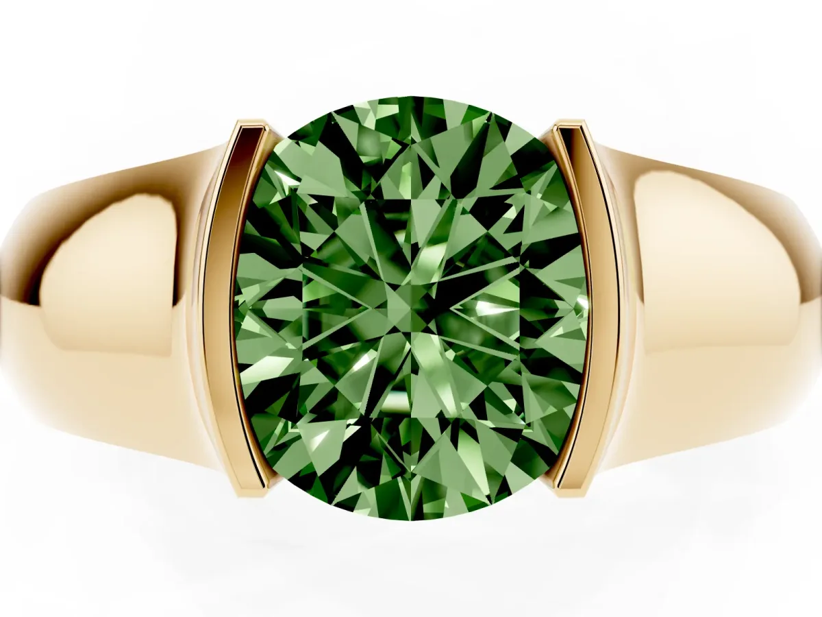 Fancy Green Round Cut Solitaire Bezel Set Diamond Ring with Wide Band Yellow gold