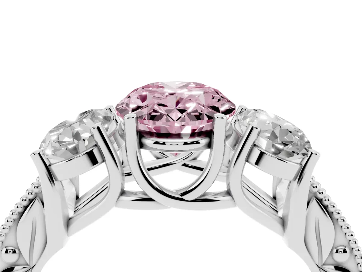 Fancy Pink Three-Stone Oval Cut Cut Milgrain Pavé Engagement Ring Silver