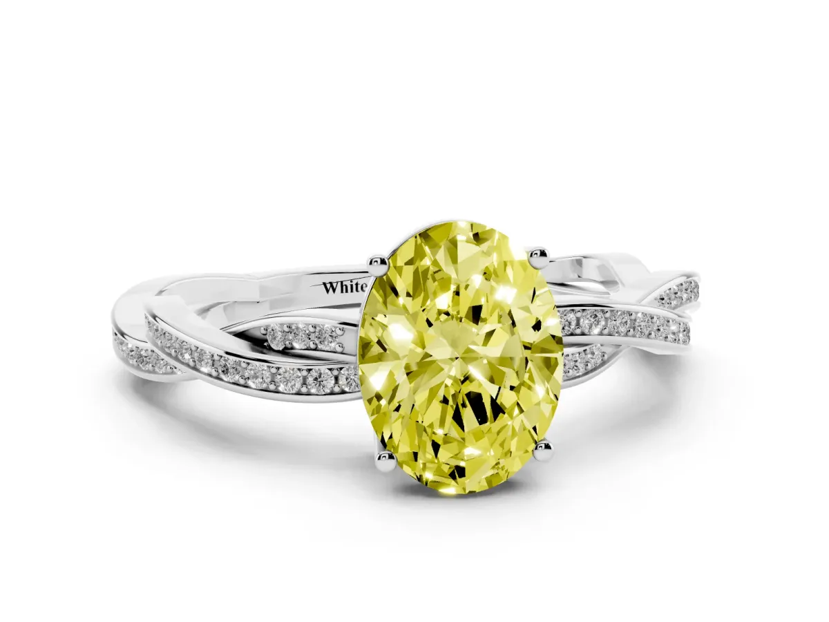 Fancy Yellow Oval Cut Solitaire Twisted Pave Diamond Ring with Four-Prong Setting White gold