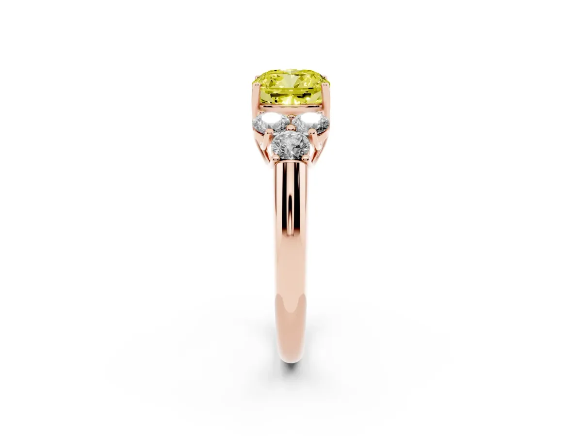Fancy Yellow Cushion Cut Cut Diamond Cluster Ring with Round Accent Stones and Prong Setting on a Classic Band Rose gold