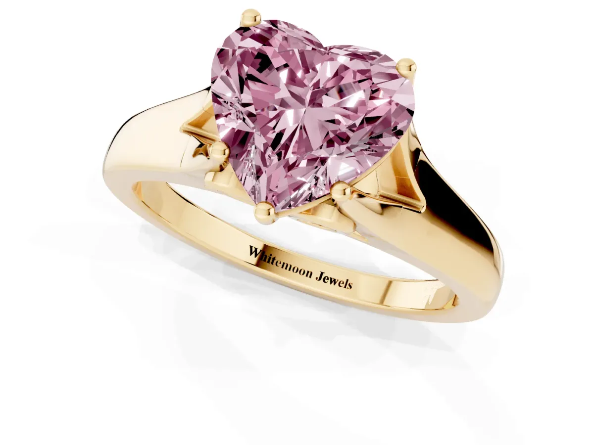Fancy Pink Heart Cut Solitaire Diamond Ring with Cathedral Band and Four-Prong Setting Yellow gold