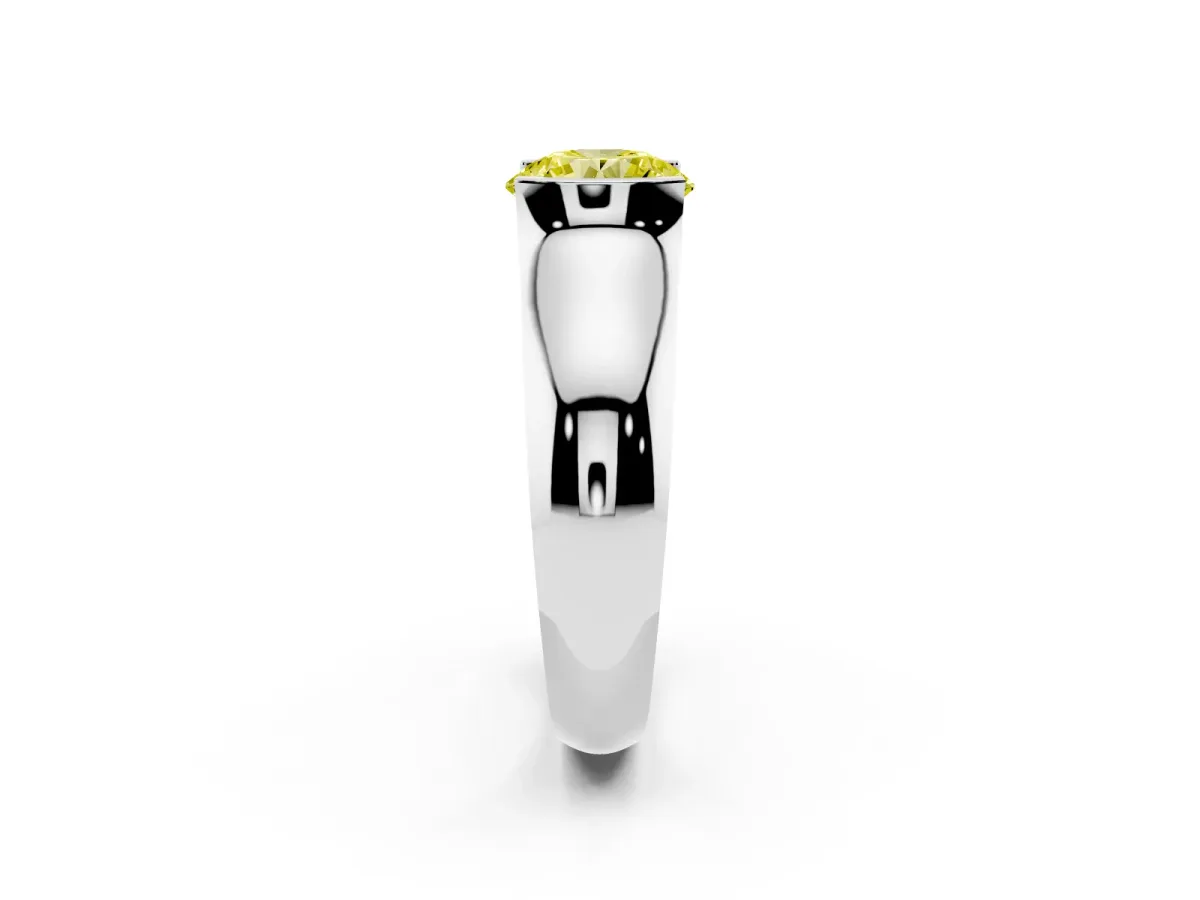 Fancy Yellow Round Cut Solitaire Bezel Set Diamond Ring with Wide Band Platinum