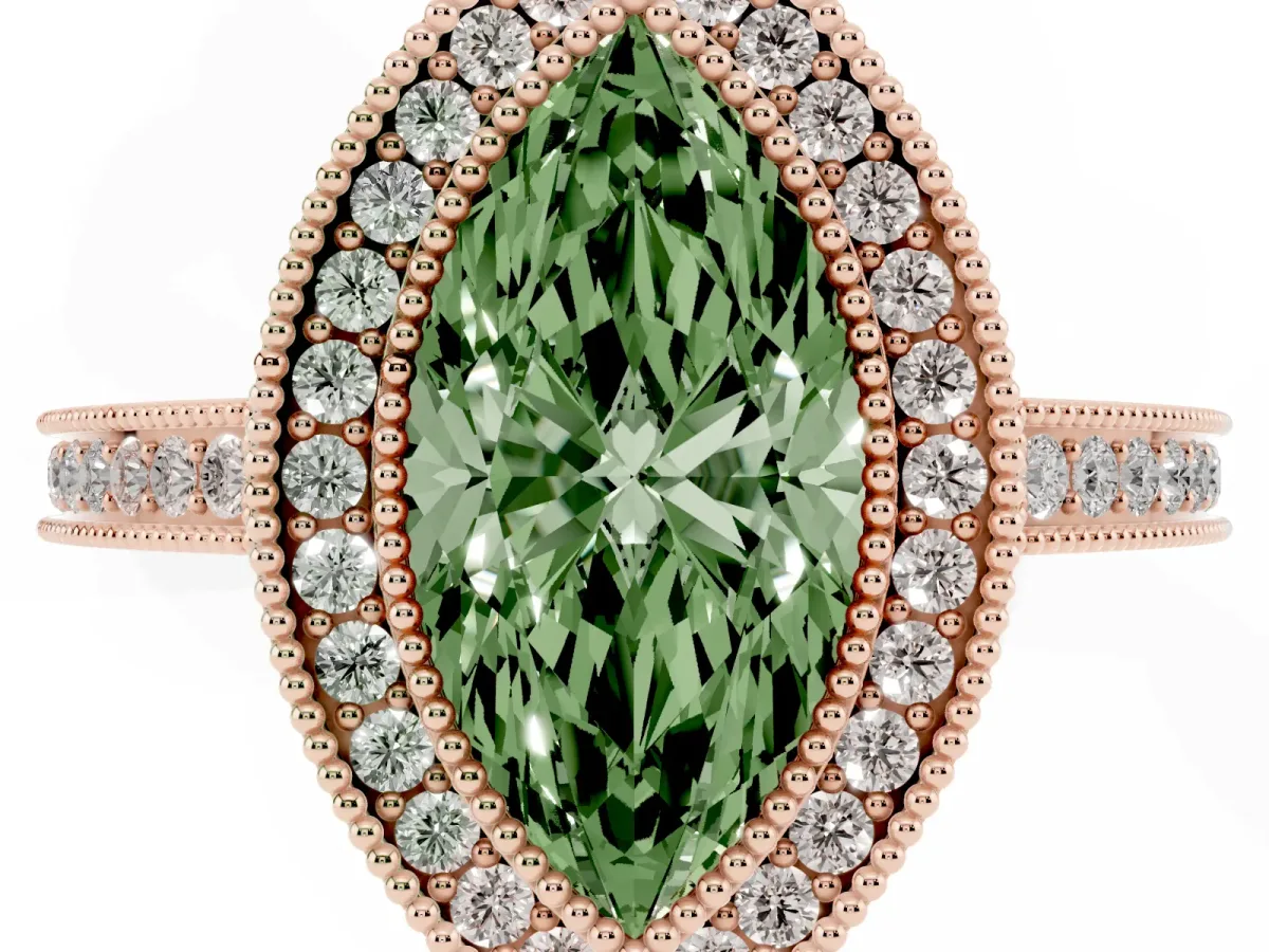 Fancy Green Marquise Cut Cut Halo Diamond Ring with Pavé Band and Milgrain Prong Setting Rose gold