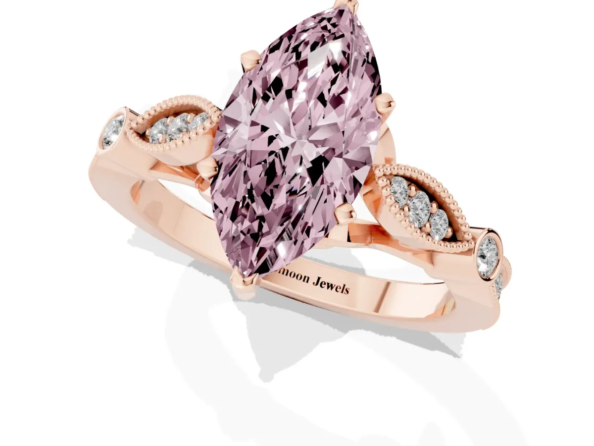Fancy Pink Marquise Cut Cut Diamond with Milgrain Marquise and Bezel Accents on a Solitaire Band with Prong Setting Rose gold